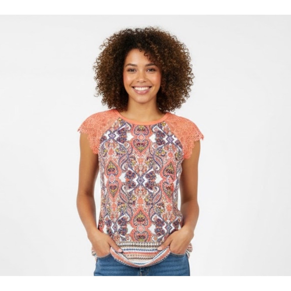 Bisou Bisou Womens Top Size S Paisley Lace Short Sleeve Orange Blue Boho Y2K‎
